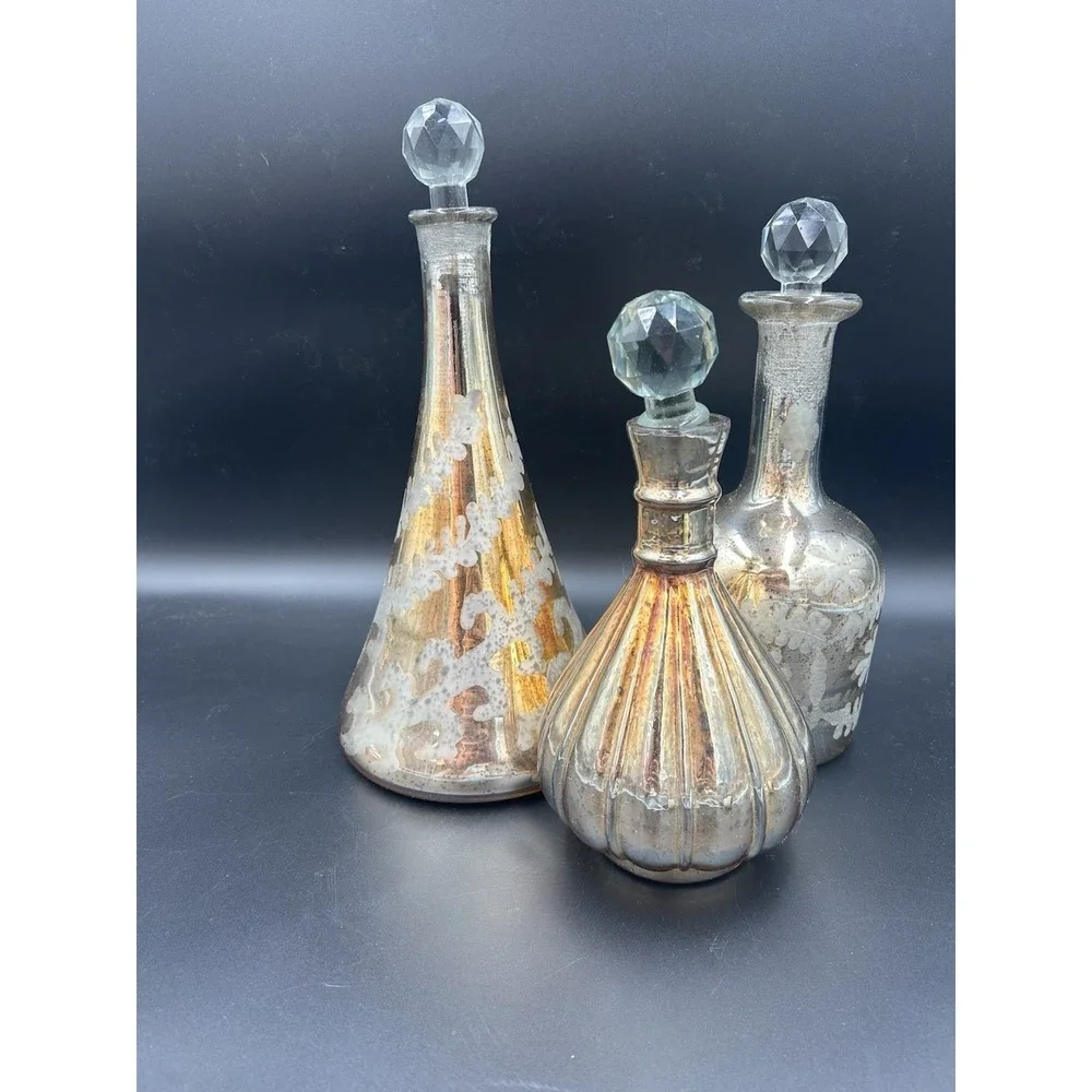 Gold Mercury Glass Decanters w/ Crystal Stoppers Vintage Style Set Of 3
